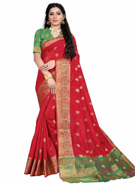 Red Colour ASHIKA LOTUS BUTTA 3 Designer Latest Festive Wear Cotton Silk Saree Collection 654